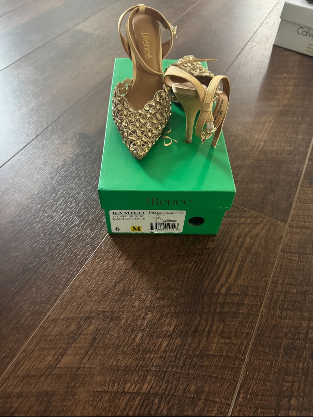 J.Renee Gold Embellished D'Orsay Ankle Strap Heels